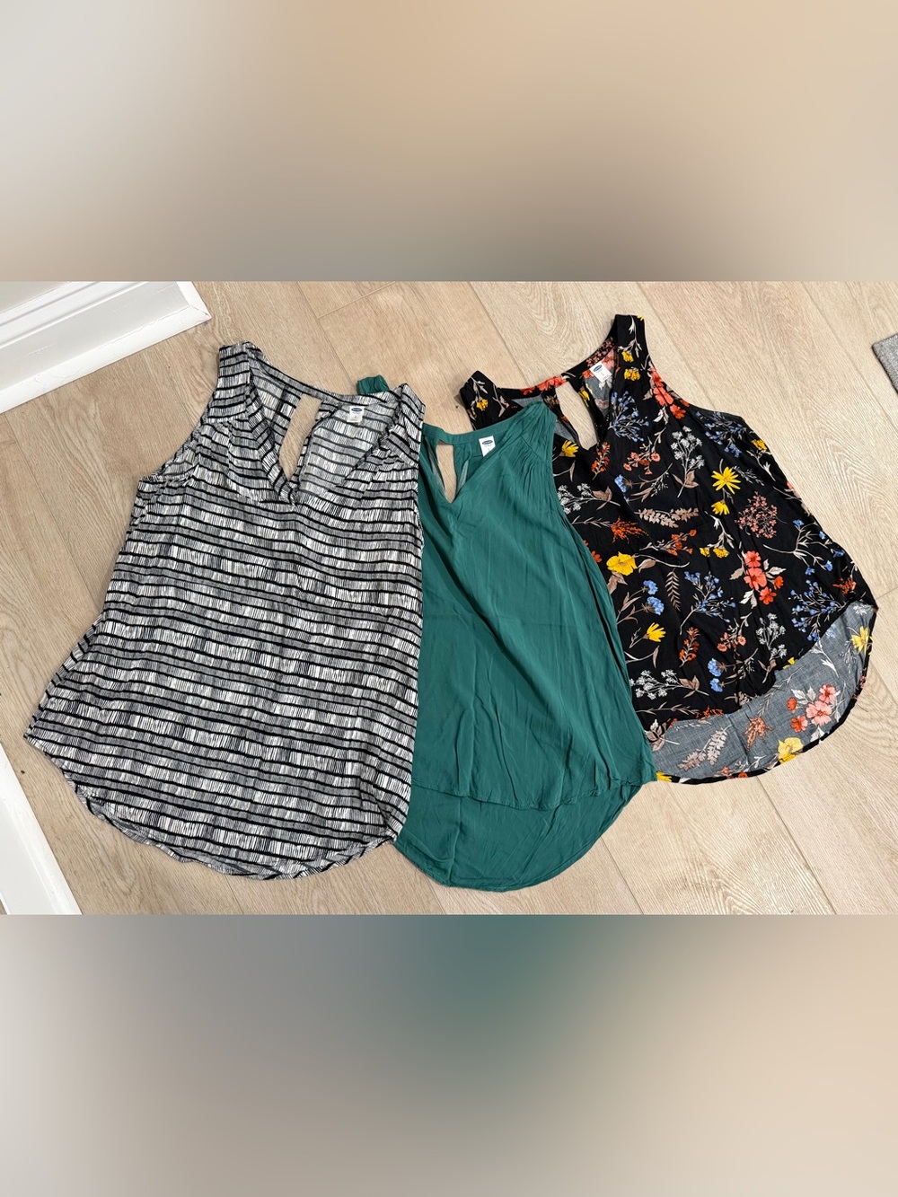 Old Navy Trio: Teal Solid, Black Floral, and Gray Striped Sleeveless Blouses, L
